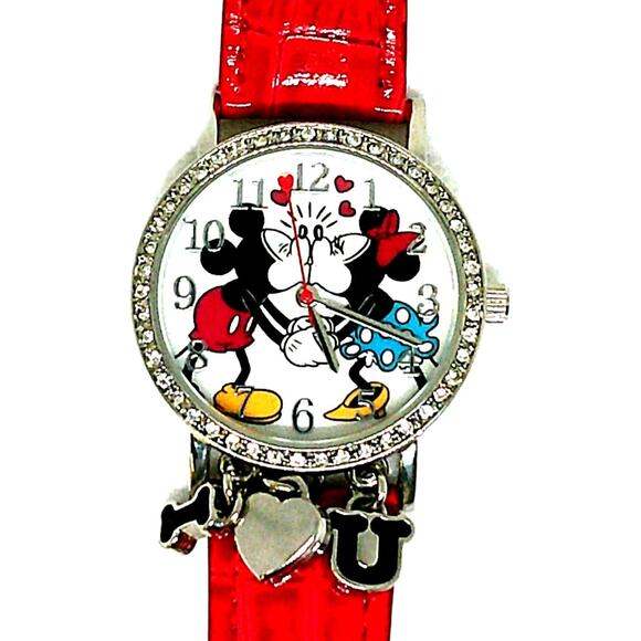 Disney Mickey and Minnie Kissing Watch with I Love You Charms MCK1268 - Picture 1 of 7